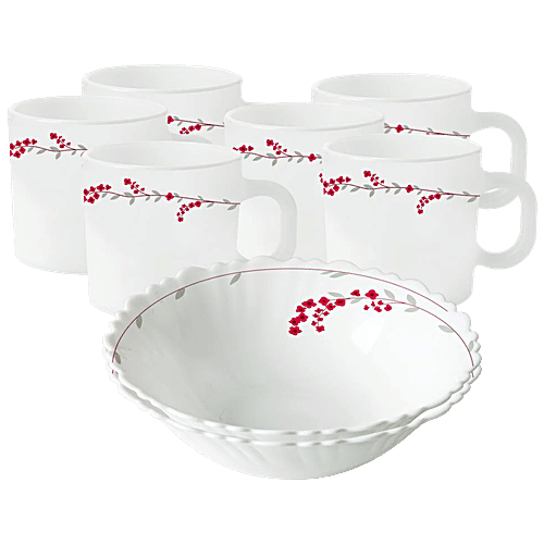 Larah by Borosil Opalware Snack Set - Verona, Elegant Design, Freezer Safe, Non-Staining, White, 8 pcs  