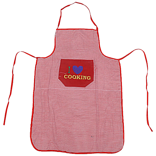 Kuber Industries Checkered Design Cotton Apron - With Front Pocket, CTKTC013738, Waterproof, Red, 1 pc  