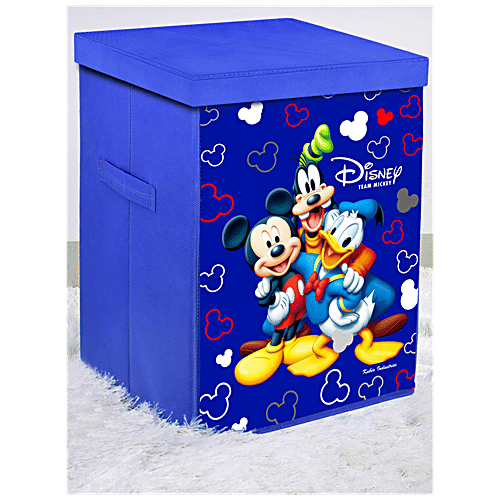 Kuber Industries Disney Team Mickey Printed Foldable Laundry Basket - With Lid & Handle, KUBMART1212, Royal Blue, 1 pc  