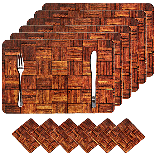 Kuber Industries Wooden Design PVC Place Mat Set With Tea Coasters - CTKTC032190, For Dining Table, Brown, Standard, 12 pcs  