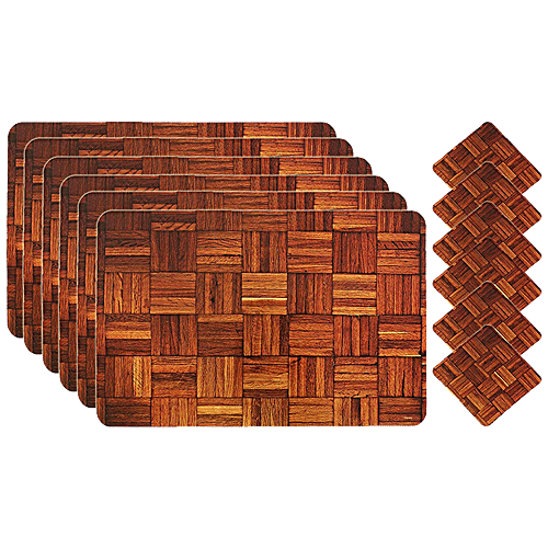 Kuber Industries Wooden Design PVC Place Mat Set With Tea Coasters - CTKTC032190, For Dining Table, Brown, Standard, 12 pcs  