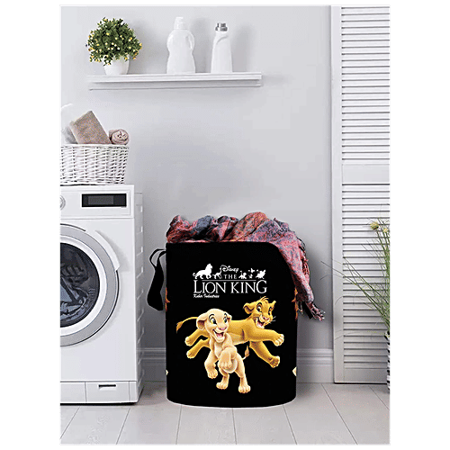 Kuber Industries Disney Lion King Printed Foldable Laundry Basket - With Handle, KUBMART11643, Round, Black, 45 L