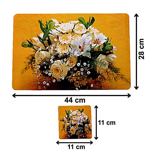 Kuber Industries Flower Printed PVC Place Mats With Tea Coaster Set - Stain Resistant, Anti-Skid, Waterproof, Yellow, 12 pcs