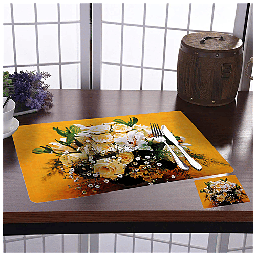 Kuber Industries Flower Printed PVC Place Mats With Tea Coaster Set - Stain Resistant, Anti-Skid, Waterproof, Yellow, 12 pcs