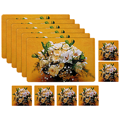Kuber Industries Flower Printed PVC Place Mats With Tea Coaster Set - Stain Resistant, Anti-Skid, Waterproof, Yellow, 12 pcs