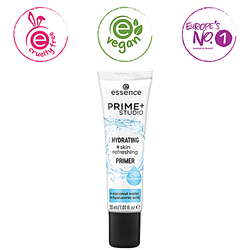 Essence Prime+ Studio Hydrating + Skin Refreshing Primer - 24H Hydration, Coconut Water, Hyaluronic Acid, 30 ml
