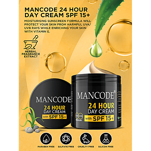 Mancode 24 Hours Day Cream - SPF 15+, Anti-Ageing Formula, Hydrates, Protects Against UV Rays, 100 g