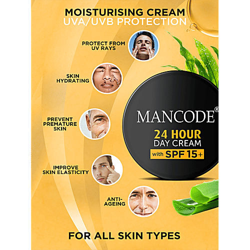 Mancode 24 Hours Day Cream - SPF 15+, Anti-Ageing Formula, Hydrates, Protects Against UV Rays, 100 g