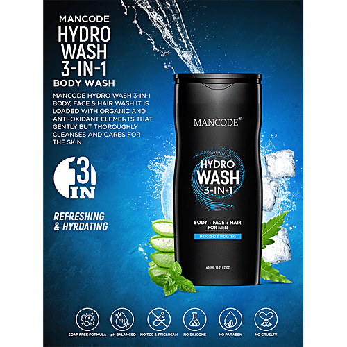 Mancode 3 In 1 Hydro Wash - Body, Face & Hair, Hydrates, Rejuvenates Skin, For Men, 450 ml  