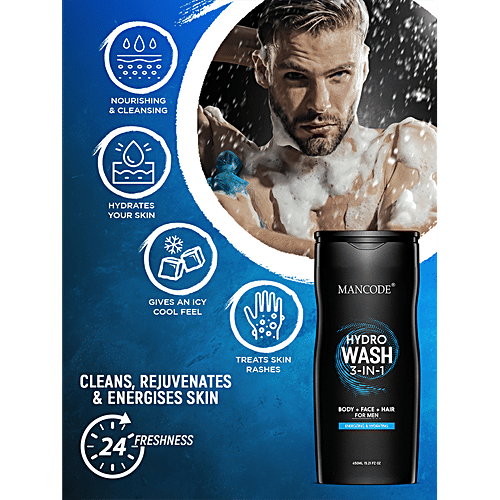 Mancode 3 In 1 Hydro Wash - Body, Face & Hair, Hydrates, Rejuvenates Skin, For Men, 450 ml  