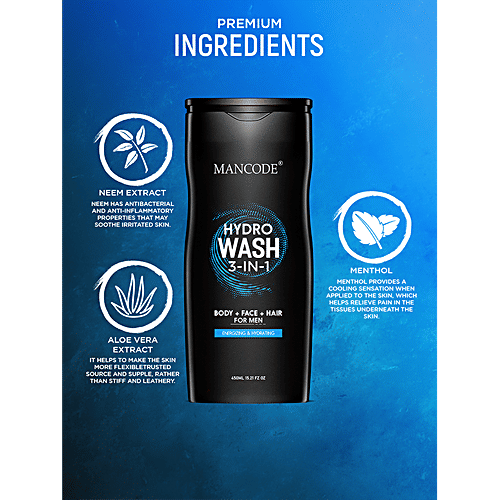 Mancode 3 In 1 Hydro Wash - Body, Face & Hair, Hydrates, Rejuvenates Skin, For Men, 450 ml  