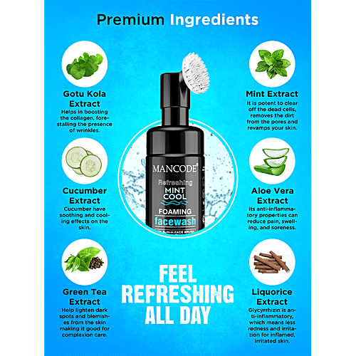 Mancode Refreshing Mint Cool Foaming Face Wash - With Built-In Brush, For Deep Cleansing, 150 ml