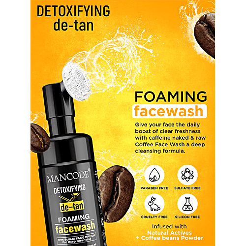 Mancode Detoxifying De-Tan Foaming Face Wash - With Built-In Brush, For Deep Cleansing, 150 ml  