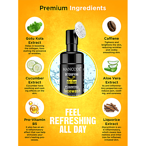 Mancode Detoxifying De-Tan Foaming Face Wash - With Built-In Brush, For Deep Cleansing, 150 ml  