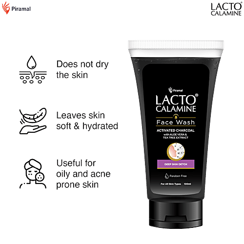 Lacto Calamine Activated Charcoal Face Wash With Aloe Vera & Tea Tree Extract - Removes Impurities, 100 ml