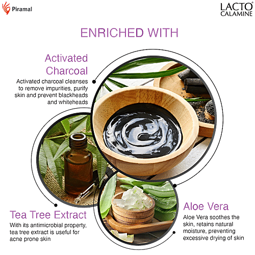 Lacto Calamine Activated Charcoal Face Wash With Aloe Vera & Tea Tree Extract - Removes Impurities, 100 ml