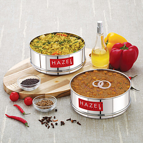 Hazel Stainless Steel Cooker Dabba Set - Flat, Perfect For 5 L Cookers, For Steaming, Reheating, Silver, 750 ml  