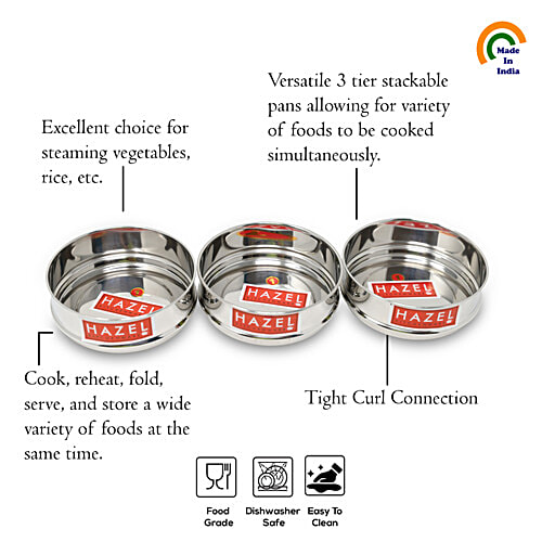 Hazel Stainless Steel Cooker Dabba Set - Flat, Perfect For 8 L Cookers, Steaming, Reheating, Silver, 1 L (Set of 3) 