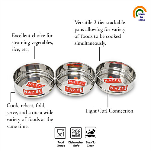 Hazel Stainless Steel Cooker Dabba Set - Flat, Perfect For 8 L Cookers, Steaming, Reheating, Silver, 1 L (Set of 3) 