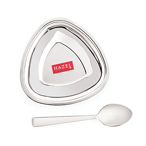 Hazel Stainless Steel Serving Bowls Set With Spoon - Triangular, Fancy, For Snacks, Silver, 250 ml (Set of 2) 