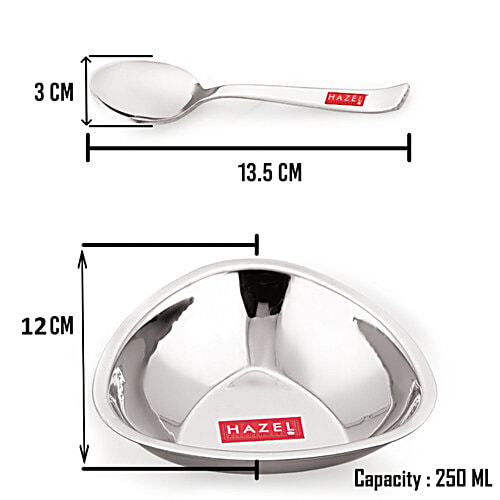 Hazel Stainless Steel Serving Bowls Set With Spoon - Triangular, Fancy, For Snacks, Silver, 250 ml (Set of 2) 