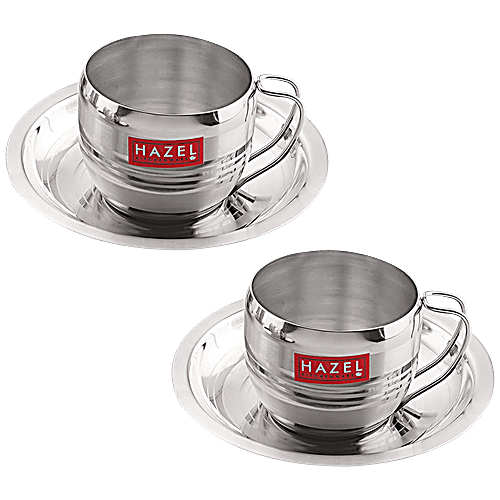 Hazel Stainless Steel Cup & Saucer Set - Unbreakable, Elegant, For Tea, Coffee, Silver, 170 ml (2 Cups, 2 Saucers) 
