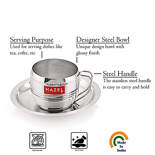 Hazel Stainless Steel Cup & Saucer Set - Unbreakable, Elegant, For Tea, Coffee, Silver, 170 ml (2 Cups, 2 Saucers) 
