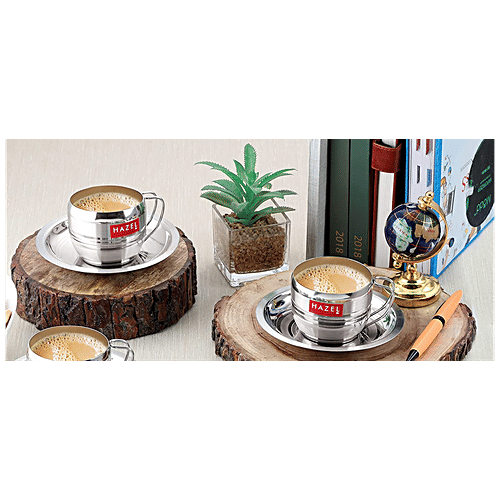 Hazel Stainless Steel Cup & Saucer Set - Unbreakable, Elegant, For Tea, Coffee, Silver, 170 ml (2 Cups, 2 Saucers) 
