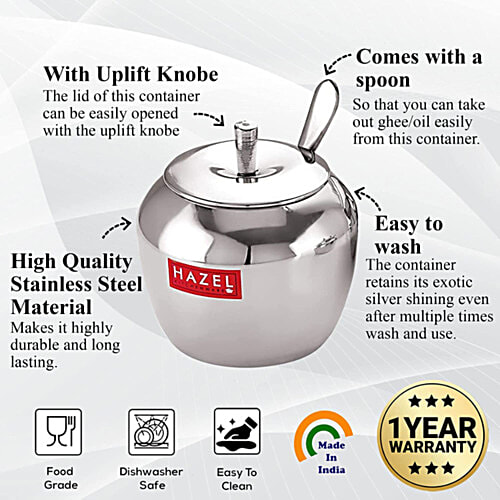 Hazel Stainless Steel Ghee Pot - Apple Shaped, Kitchen Storage Ghee, Serving Container, 250 ml (1 pc)