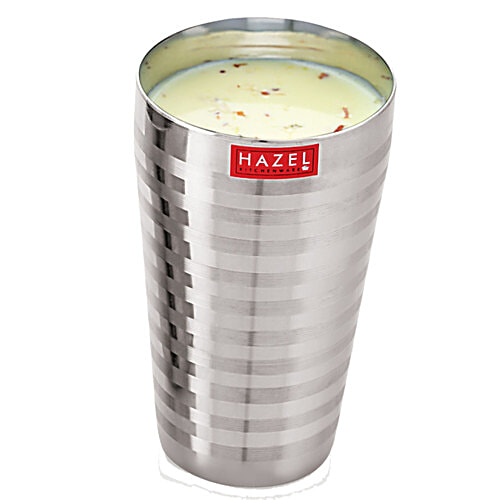 Hazel Stainless Steel Jumbo Water/Lassi Glass - Stripped Design, Traditional, Durable, For Everyday Use, 750 ml (Set of 2) 
