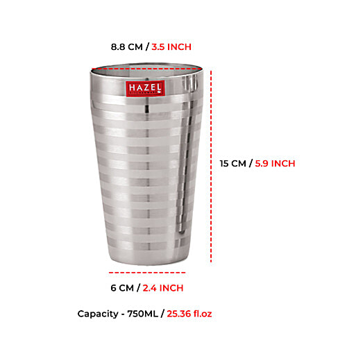 Hazel Stainless Steel Jumbo Water/Lassi Glass - Stripped Design, Traditional, Durable, For Everyday Use, 750 ml (Set of 2) 