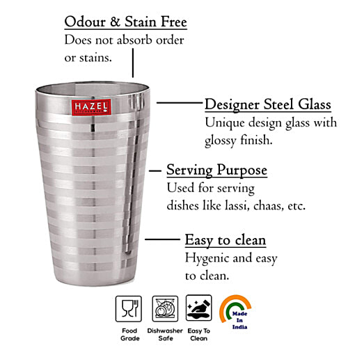 Hazel Stainless Steel Jumbo Water/Lassi Glass - Stripped Design, Traditional, Durable, For Everyday Use, 750 ml (Set of 2) 