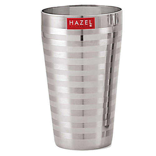 Hazel Stainless Steel Jumbo Water/Lassi Glass - Stripped Design, Traditional, Durable, For Everyday Use, 750 ml (Set of 2) 