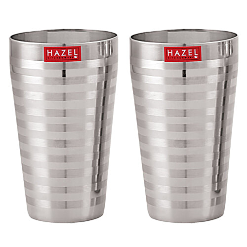 Hazel Stainless Steel Jumbo Water/Lassi Glass - Stripped Design, Traditional, Durable, For Everyday Use, 750 ml (Set of 2) 