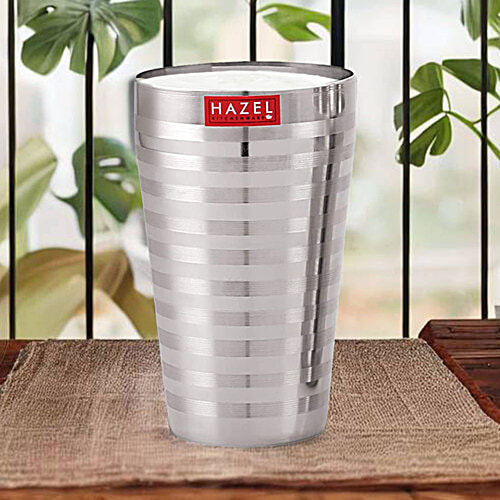 Hazel Stainless Steel Jumbo Water/Lassi Glass - Stripped Design, Traditional, Durable, For Everyday Use, 750 ml (Set of 2) 