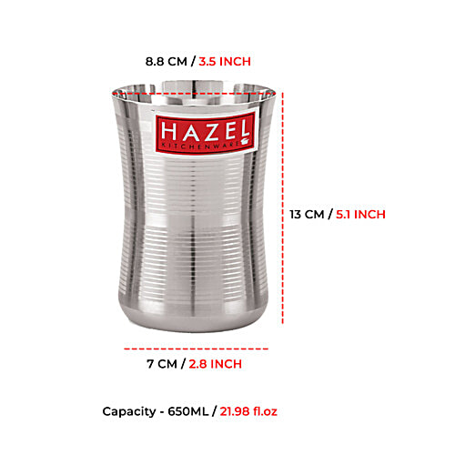 Hazel Stainless Steel Jumbo Water/Lassi Glass -  Damru Shaped, Durable, For Everyday Use, 650 ml (Set of 2) 