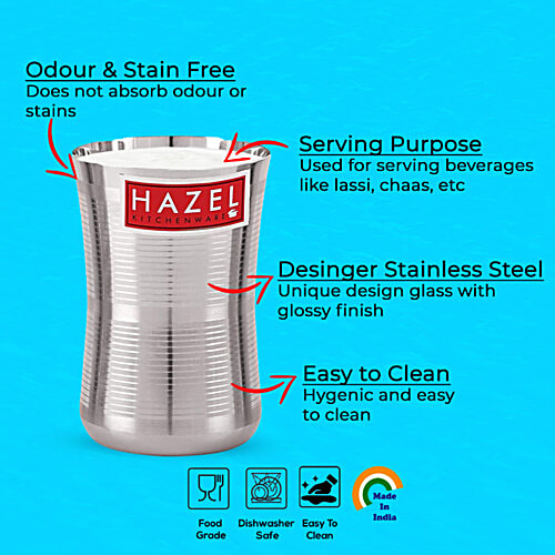 Hazel Stainless Steel Jumbo Water/Lassi Glass -  Damru Shaped, Durable, For Everyday Use, 650 ml (Set of 2) 