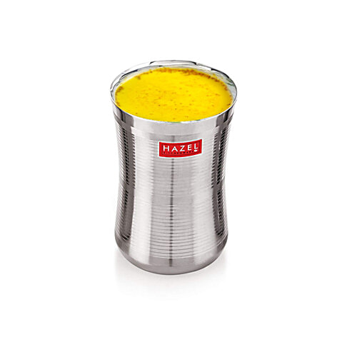 Hazel Stainless Steel Jumbo Water/Lassi Glass -  Damru Shaped, Durable, For Everyday Use, 650 ml (Set of 2) 