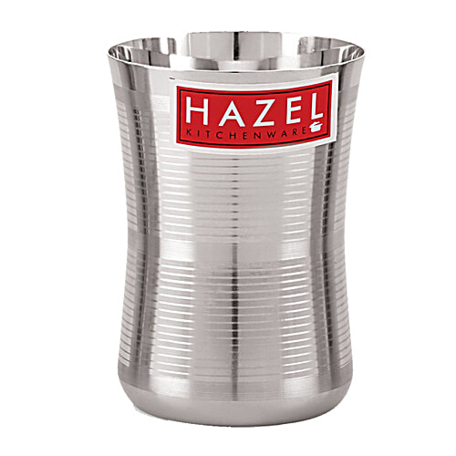 Hazel Stainless Steel Jumbo Water/Lassi Glass -  Damru Shaped, Durable, For Everyday Use, 650 ml (Set of 2) 