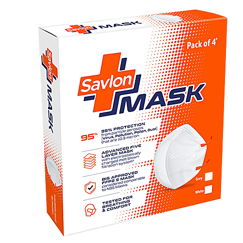 Savlon Mask - With Adjustable Ear Loops, 5 Layers, 95% Protection Against Viruses & Pollution, White, 4 pcs  