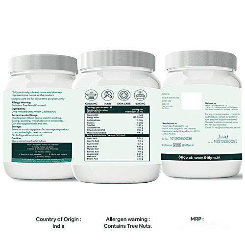 5:15PM Extra Virgin Cold Pressed Coconut Oil - For Hair Growth, Skin & Cooking, 500 ml  