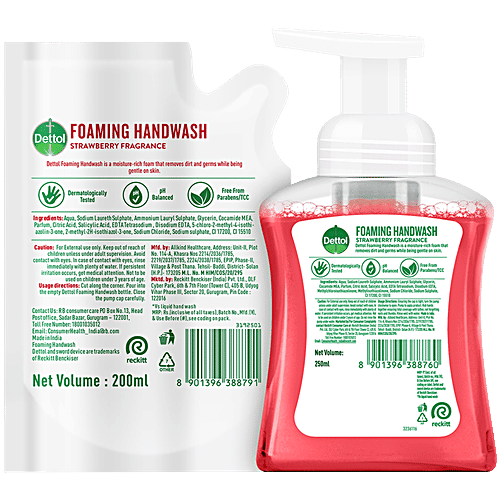 Dettol Foaming Handwash - Pump + Refill Combo, Strawberry, Rich Foam, Moisturizing, Soft On Hands, 250 ml (200 ml Refill Pack) 