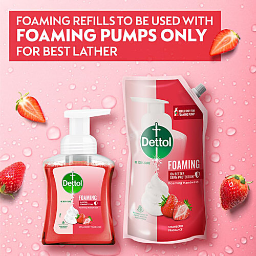 Dettol Foaming Handwash - Pump + Refill Combo, Strawberry, Rich Foam, Moisturizing, Soft On Hands, 250 ml (200 ml Refill Pack) 