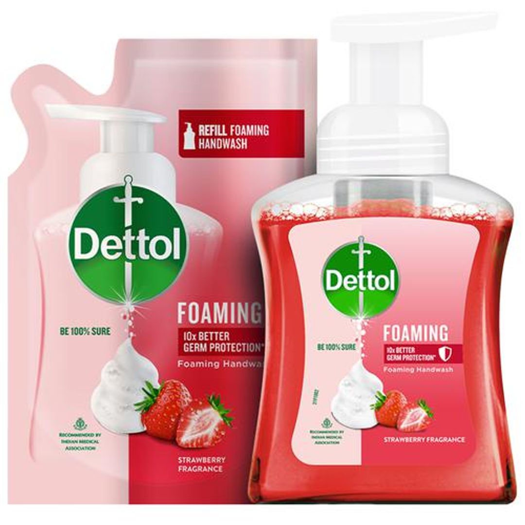 Dettol Foaming Handwash - Pump + Refill Combo, Strawberry, Rich Foam, Moisturizing, Soft On Hands, 250 ml (200 ml Refill Pack)