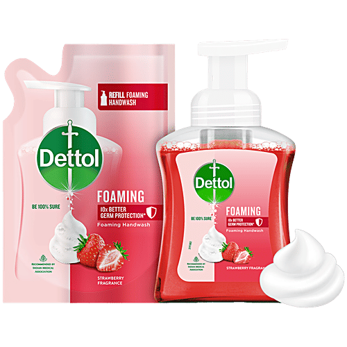 Dettol Foaming Handwash - Pump + Refill Combo, Strawberry, Rich Foam, Moisturizing, Soft On Hands, 250 ml (200 ml Refill Pack) 