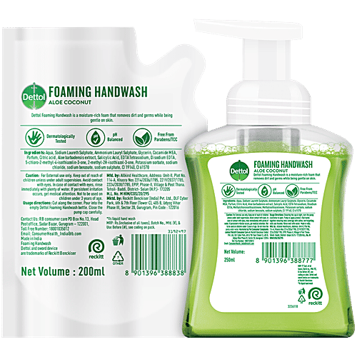 Dettol Foaming Handwash - Pump + Refill Combo, Aloe Coconut, Rich Foam, Moisturizing, Soft On Hands, 250 ml (200 ml Refill Pack) 