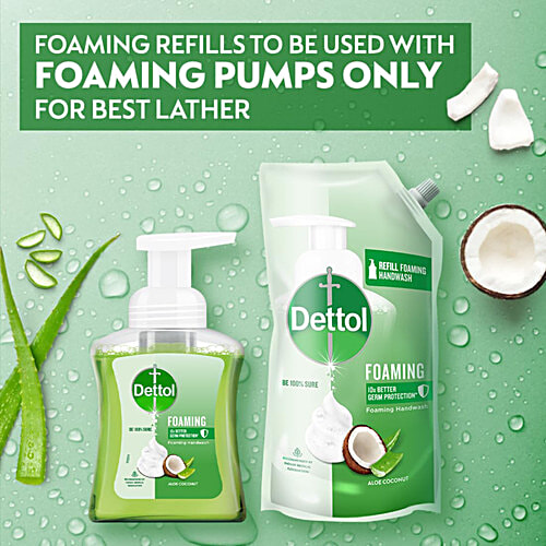 Dettol Foaming Handwash - Pump + Refill Combo, Aloe Coconut, Rich Foam, Moisturizing, Soft On Hands, 250 ml (200 ml Refill Pack) 
