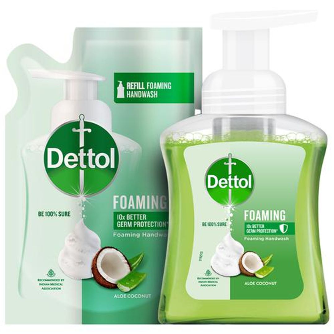 Dettol Foaming Handwash - Pump + Refill Combo, Aloe Coconut, Rich Foam, Moisturizing, Soft On Hands, 250 ml (200 ml Refill Pack)