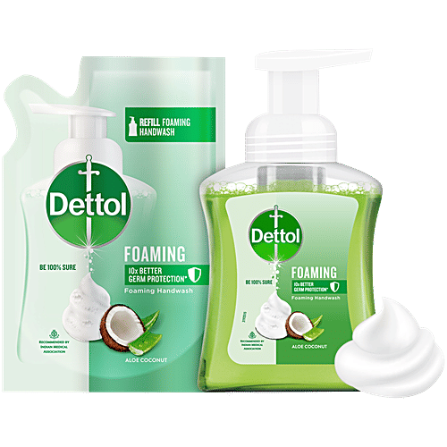 Dettol Foaming Handwash - Pump + Refill Combo, Aloe Coconut, Rich Foam, Moisturizing, Soft On Hands, 250 ml (200 ml Refill Pack) 