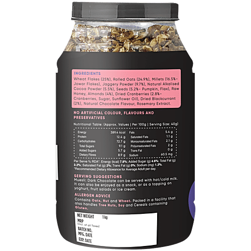 True Elements Dark Chocolate Muesli - Nuts & Berries, Rich In Antioxidants, Ready To Eat Breakfast, 1 kg Jar 